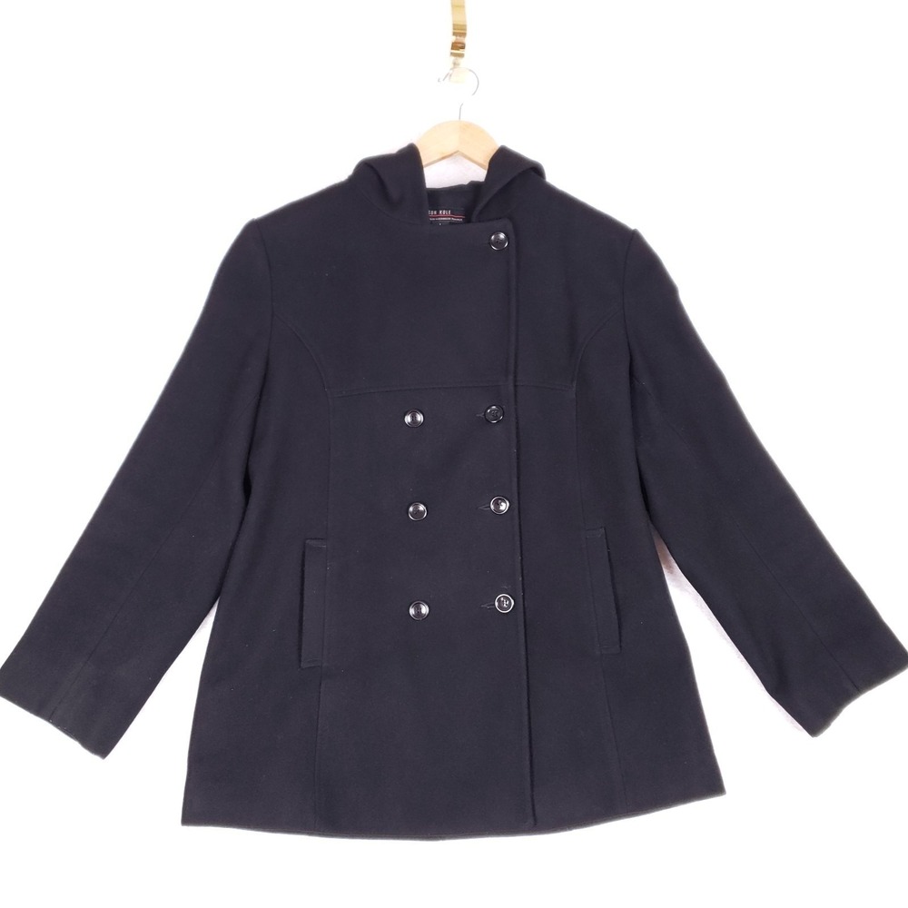 Jason‎ Kole Wool Peacoat L Double Breasted Hooded Black Winter Academic Classic
